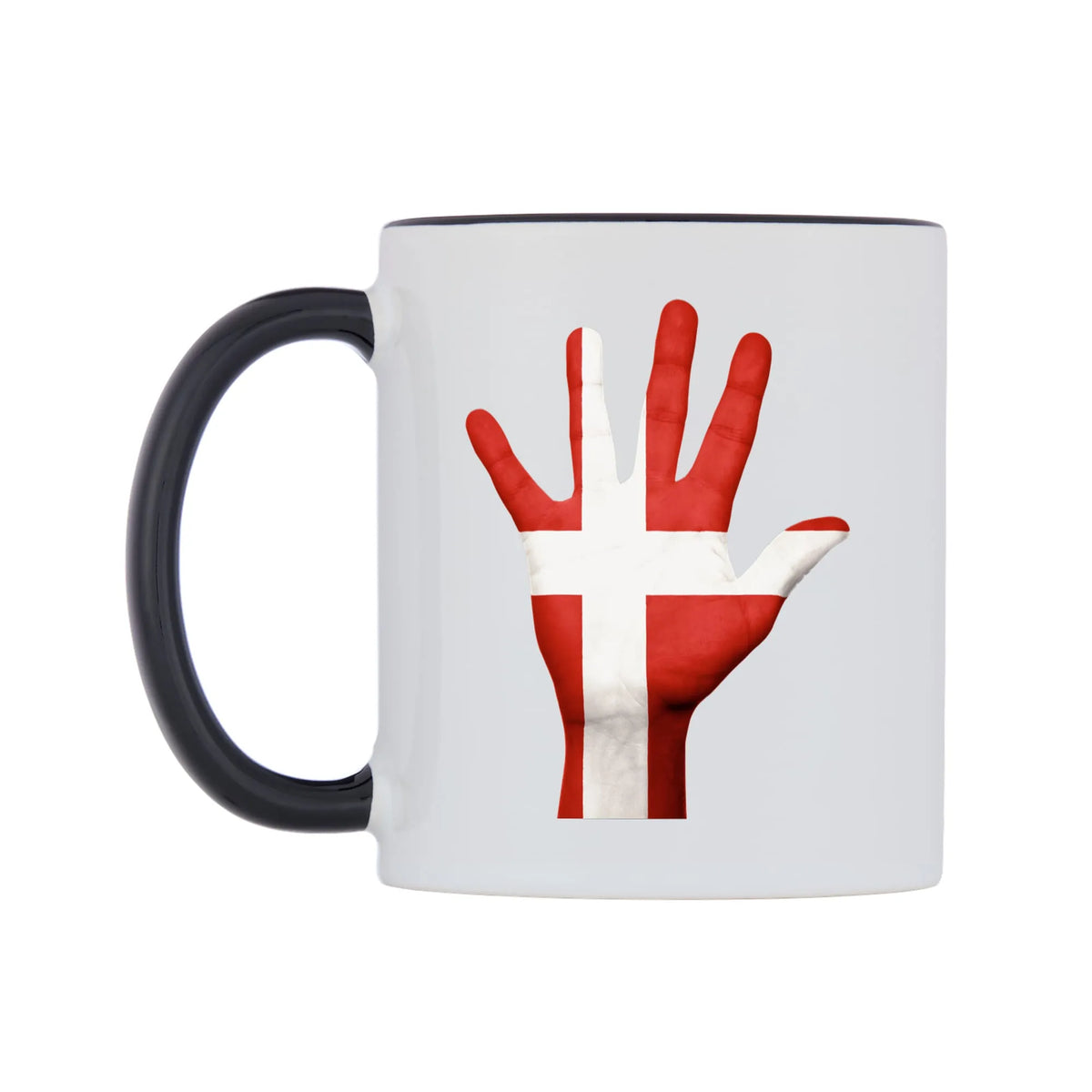 Denmark Hand Flag Mug — white 11oz gloss mug with a black inside and handle, right side, on a white background