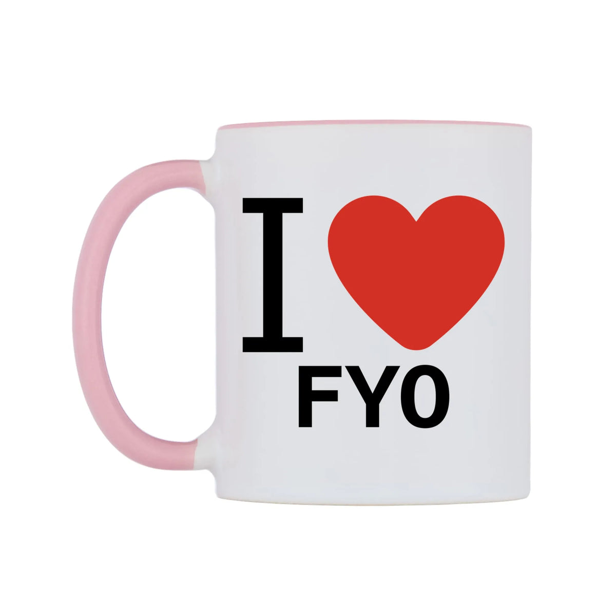 I Love FY0 Mug — white 11oz gloss mug with a pink inside and handle, right side, on a white background