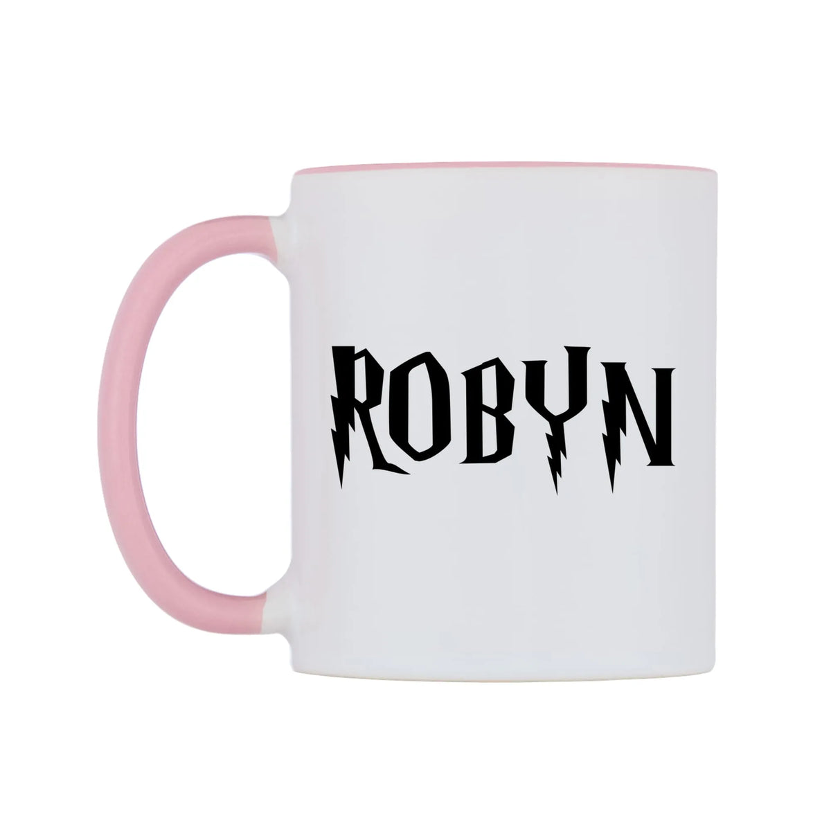 Robyn - Wizard Themed Mug — white 11oz gloss mug with a pink inside and handle, right side, on a white background