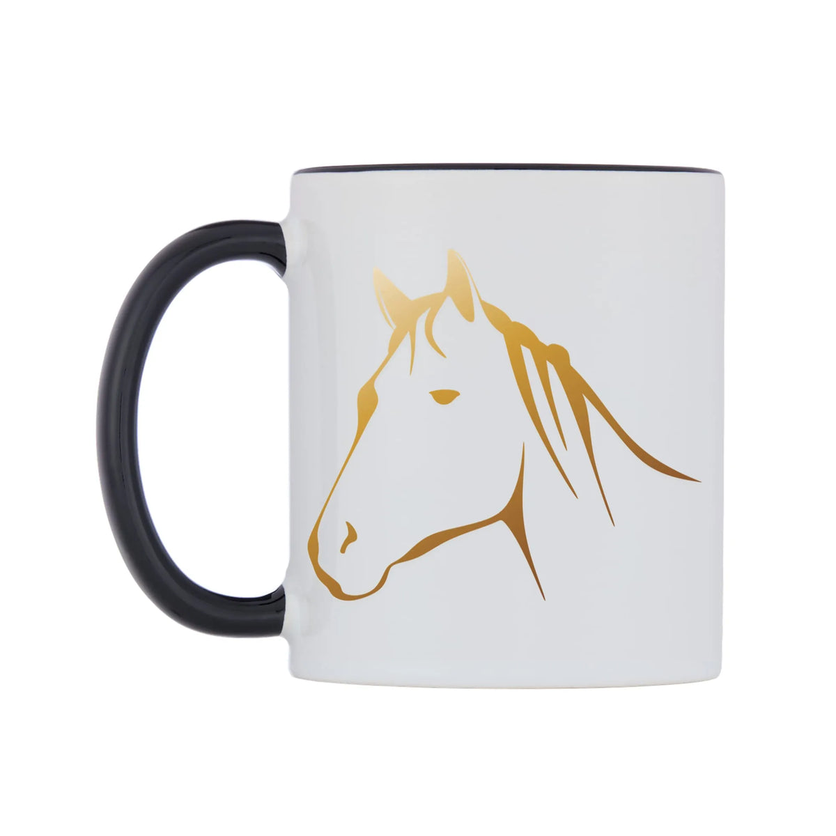 Golden Horse Mug — white 11oz gloss mug with a black inside and handle, right side, on a white background