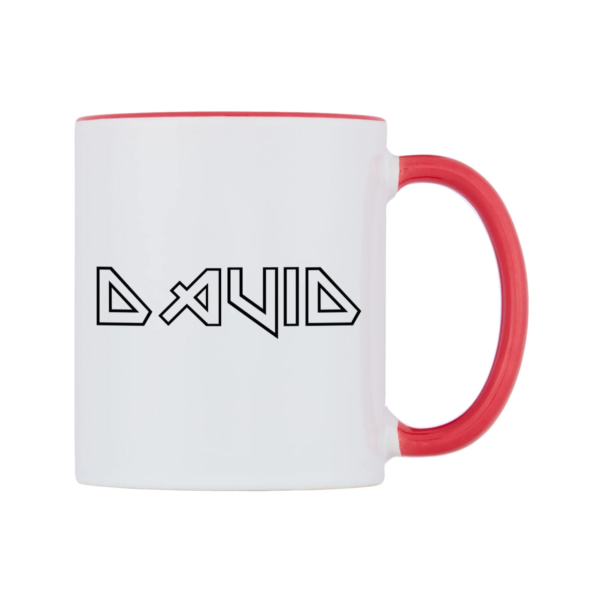 David - Iron Maiden Themed Mug — white 11oz gloss mug with a red inside and handle, left side, on a white background