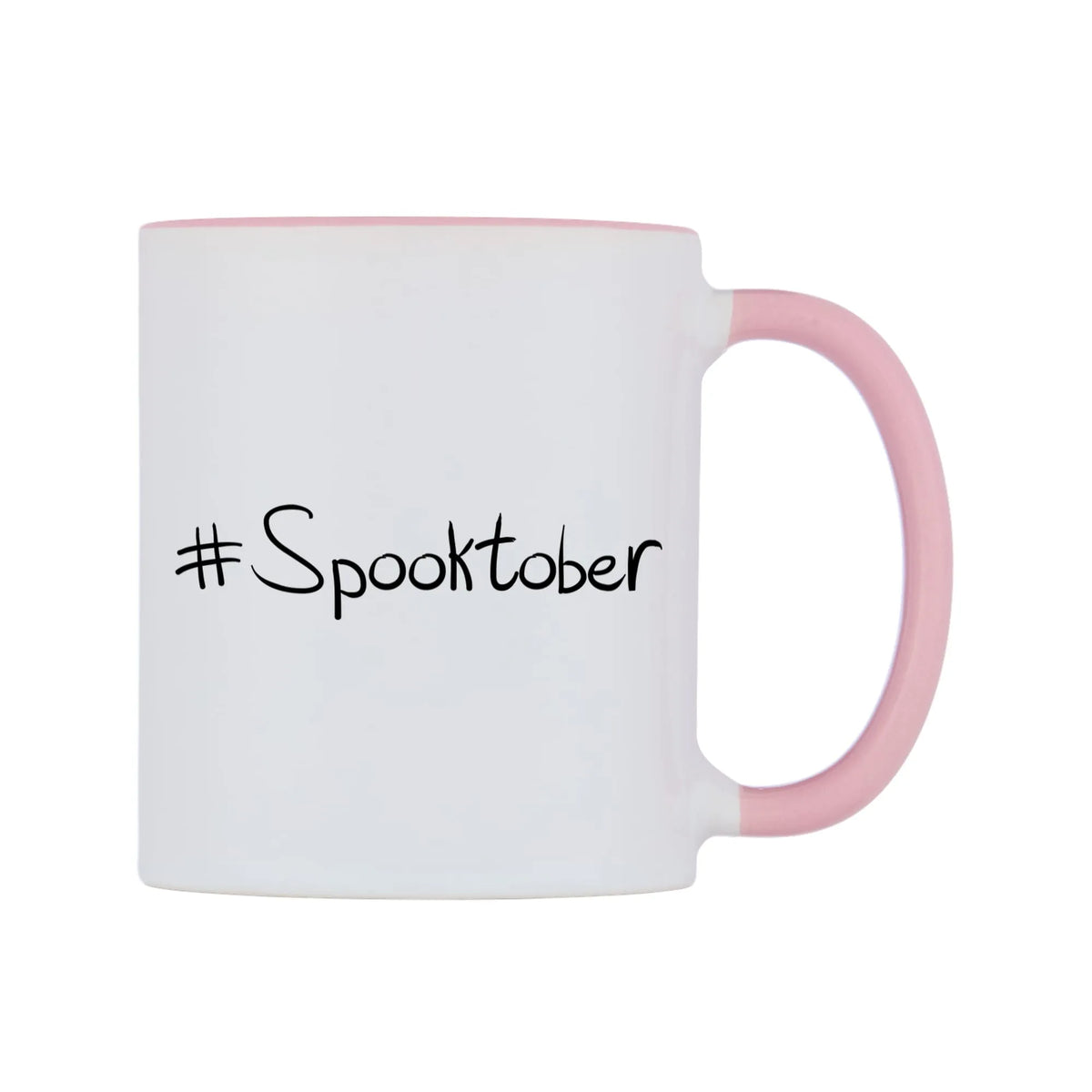 Spooktober Mug — white 11oz gloss mug with a pink inside and handle, left side, on a white background