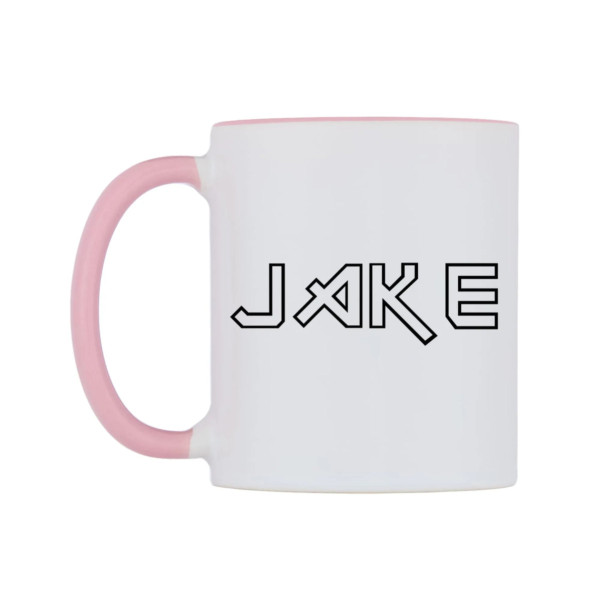 Jake - Iron Maiden Themed Mug — white 11oz gloss mug with a pink inside and handle, right side, on a white background