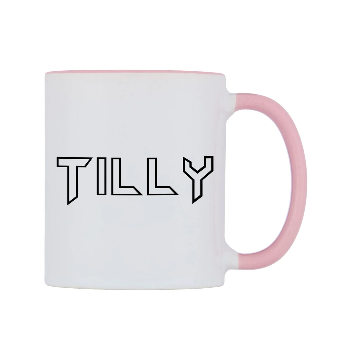 Tilly - Iron Maiden Themed Mug — white 11oz gloss mug with a pink inside and handle, left side, on a white background
