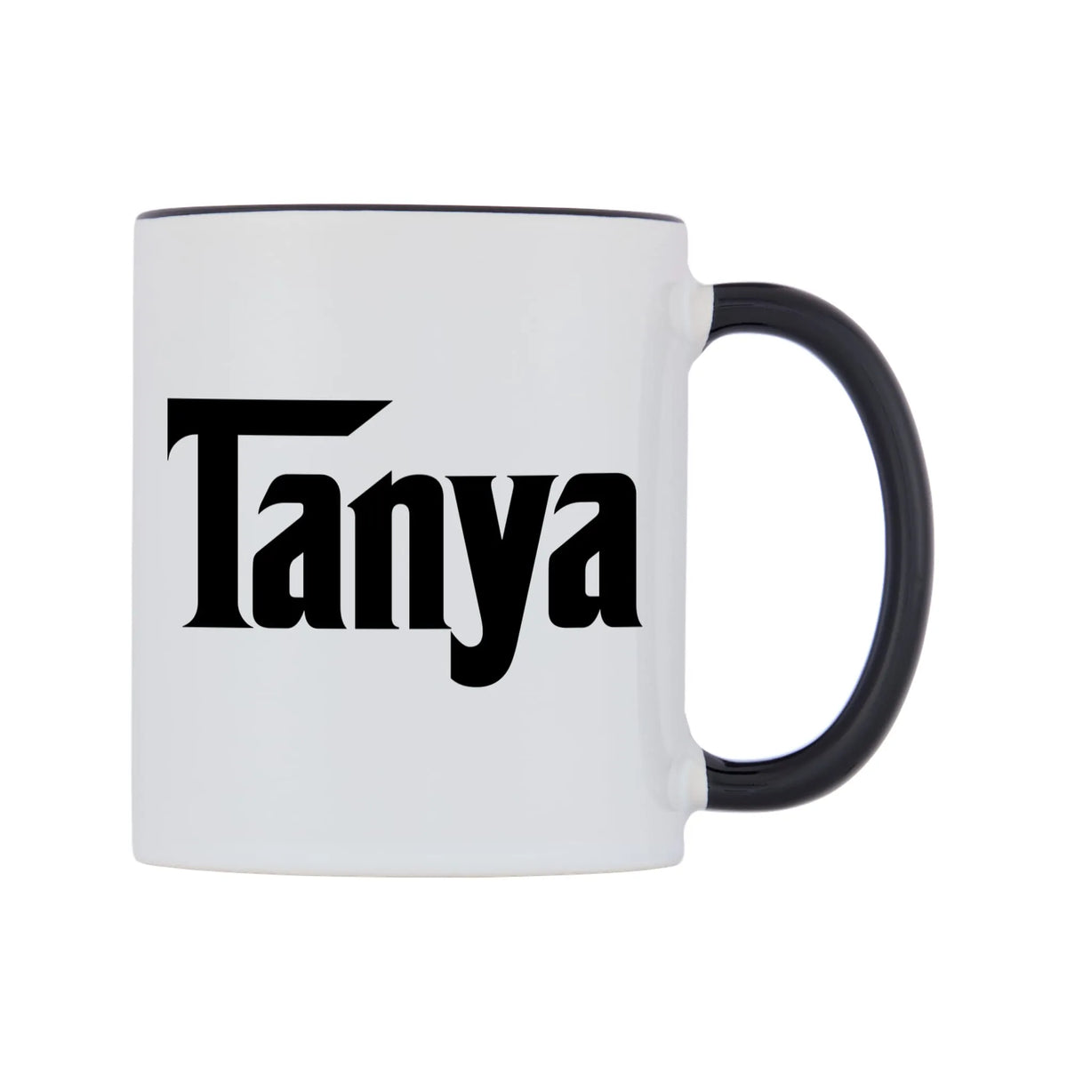 Tanya - Godfather Themed Mug — white 11oz gloss mug with a black inside and handle, left side, on a white background