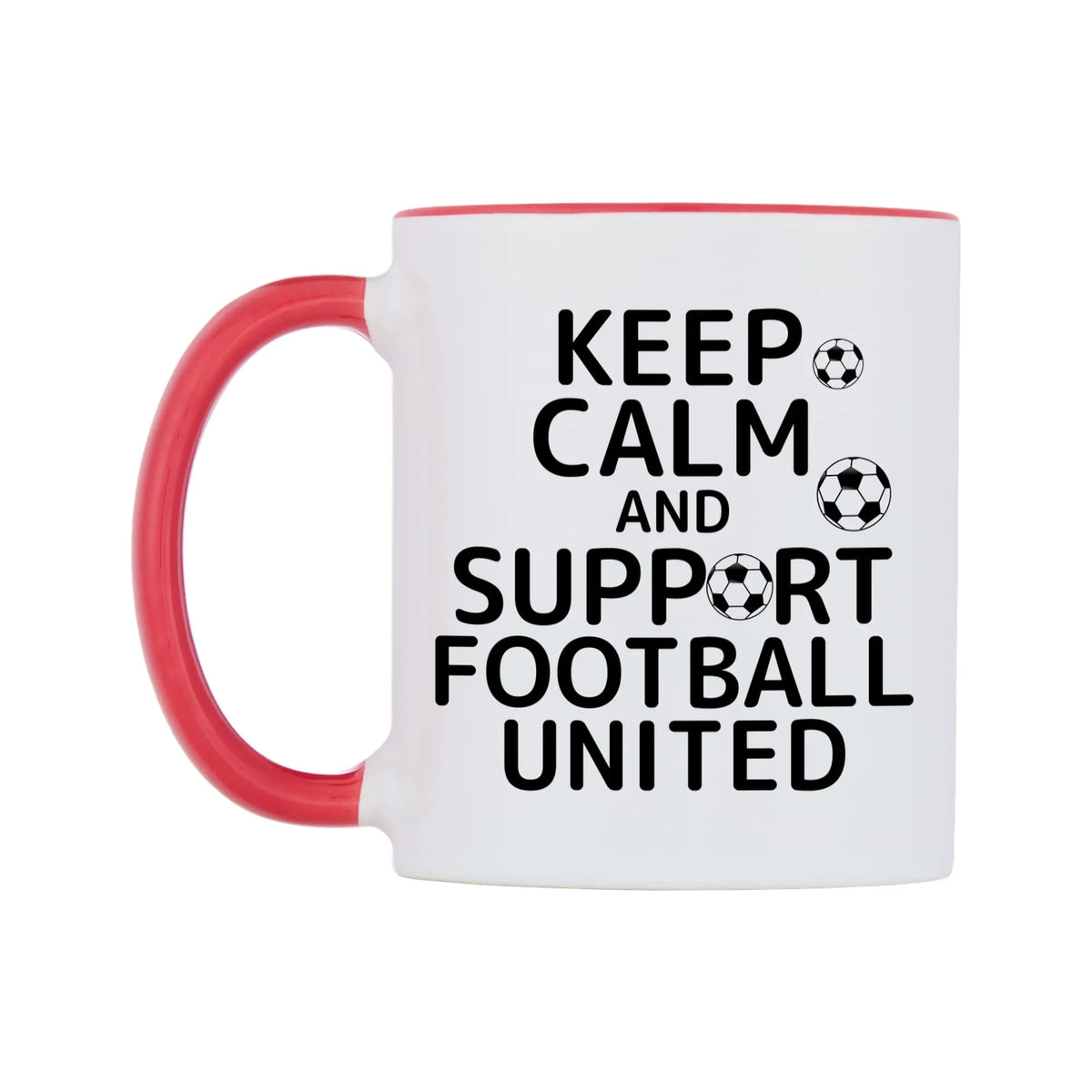 Keep Calm And Support Personalised Team Mug — white 11oz gloss mug with a red inside and handle, right side, on a white background