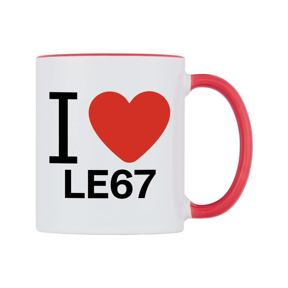I Love LE67 Mug — white 11oz gloss mug with a red inside and handle, left side, on a white background