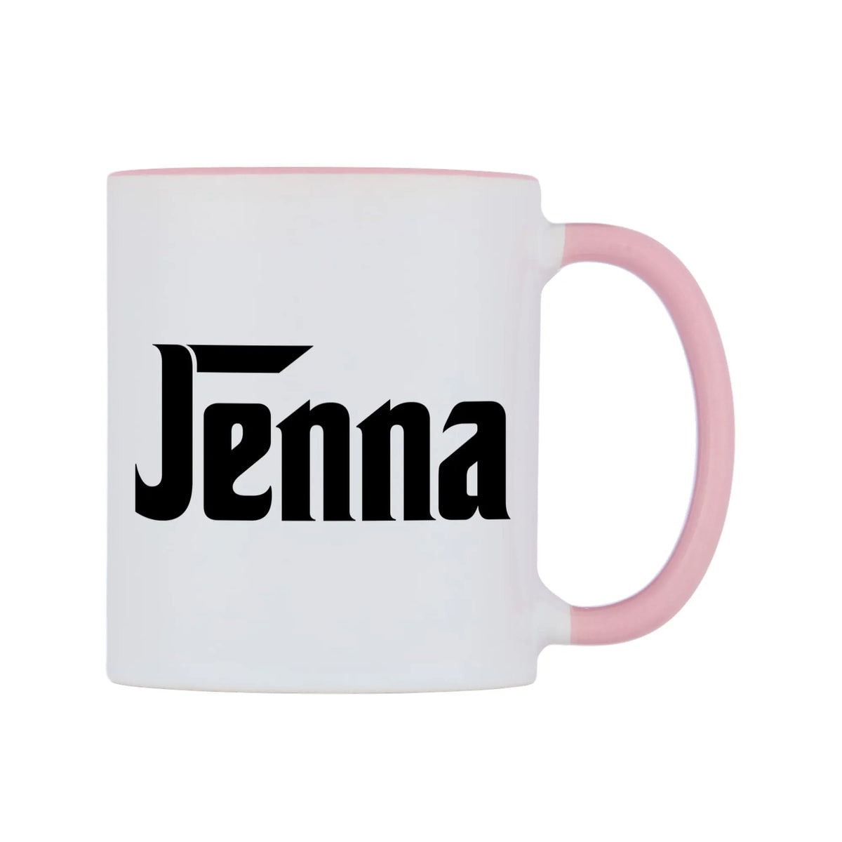 Jenna - Godfather Themed Mug — white 11oz gloss mug with a pink inside and handle, left side, on a white background