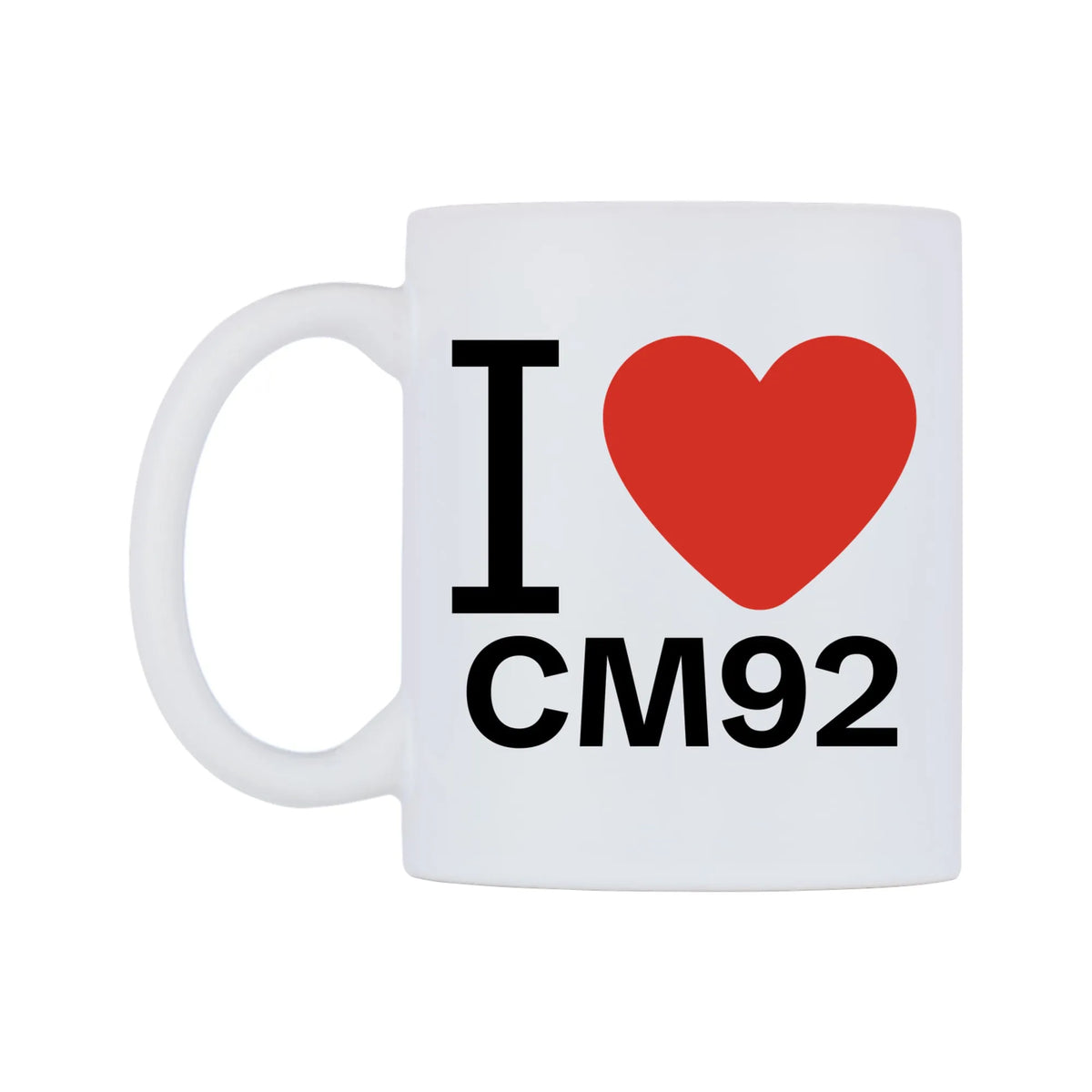 I Love CM92 Mug — white 11oz gloss mug, right side, on a white background