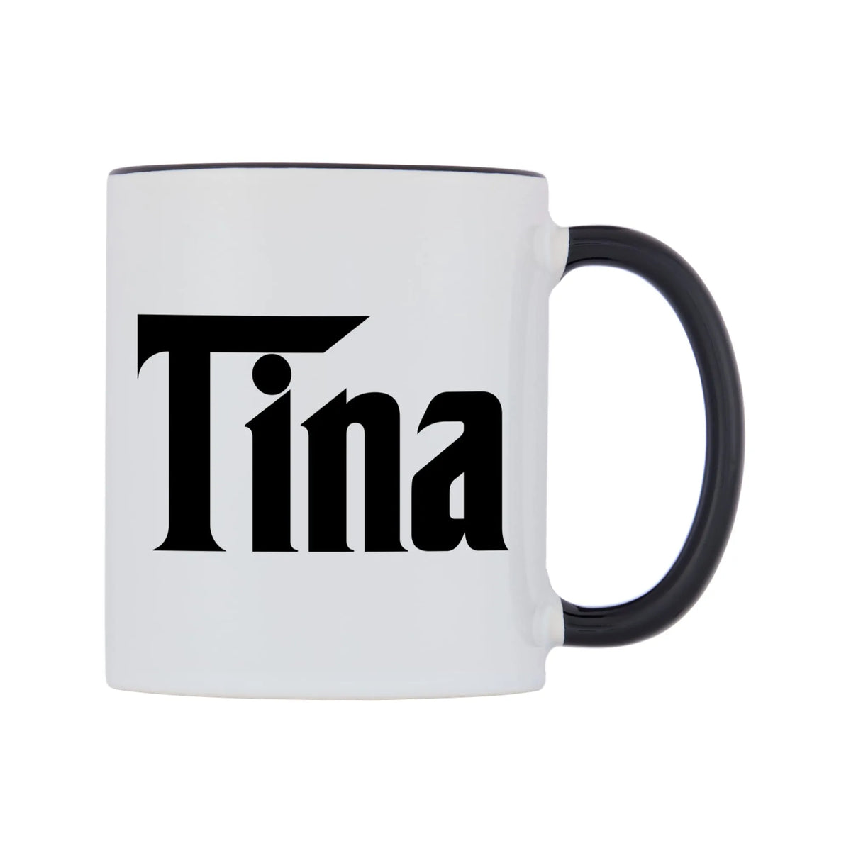 Tina - Godfather Themed Mug — white 11oz gloss mug with a black inside and handle, left side, on a white background