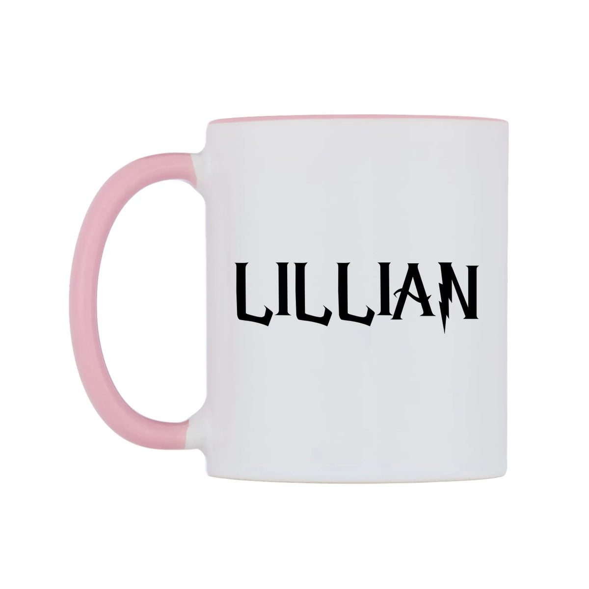 Lillian - Wizard Themed Mug — white 11oz gloss mug with a pink inside and handle, right side, on a white background