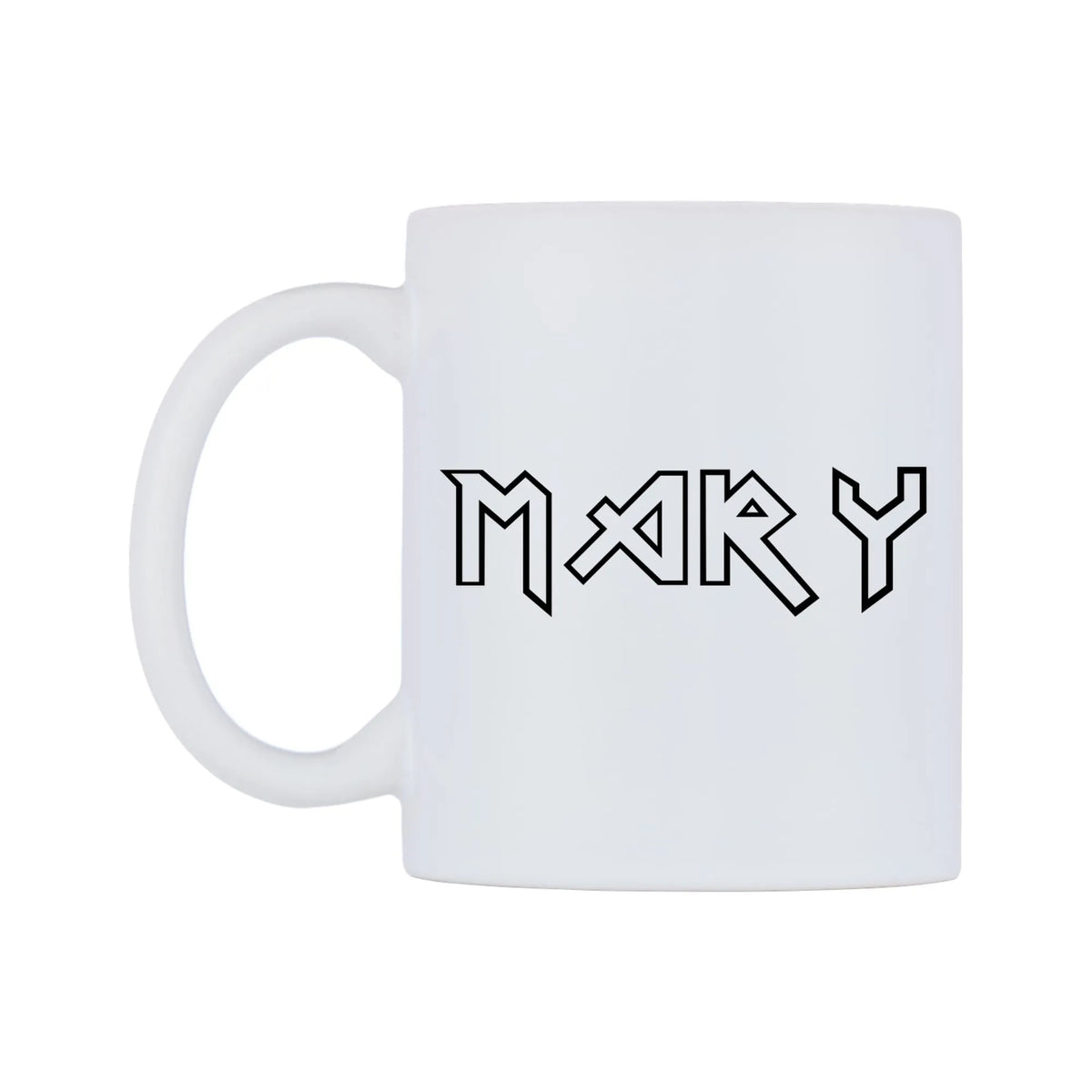 Mary - Iron Maiden Themed Mug — white 11oz gloss mug, right side, on a white background