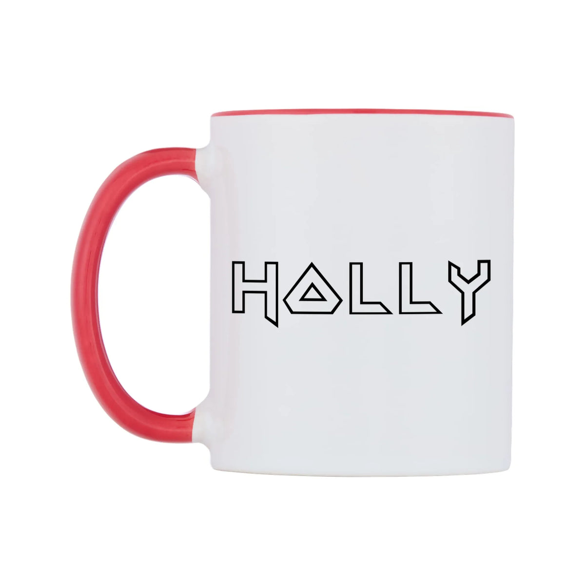 Holly - Iron Maiden Themed Mug — white 11oz gloss mug with a red inside and handle, right side, on a white background