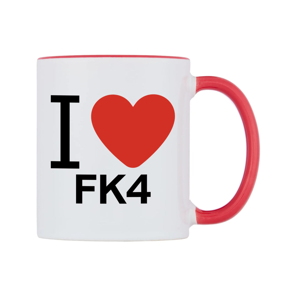 I Love FK4 Mug — white 11oz gloss mug with a red inside and handle, left side, on a white background