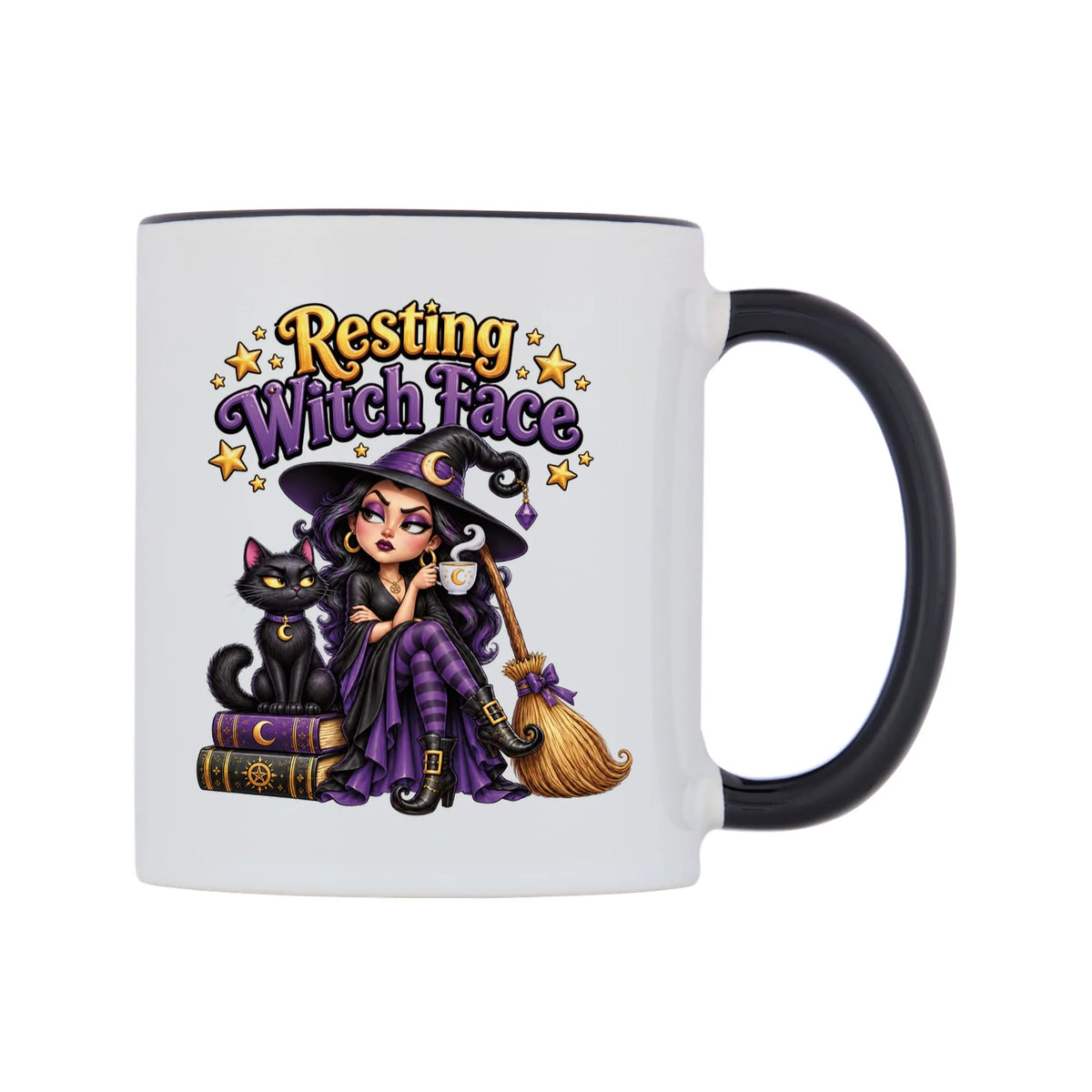 Resting Witch Face Mug — white 11oz gloss mug with a black inside and handle, left side, on a white background