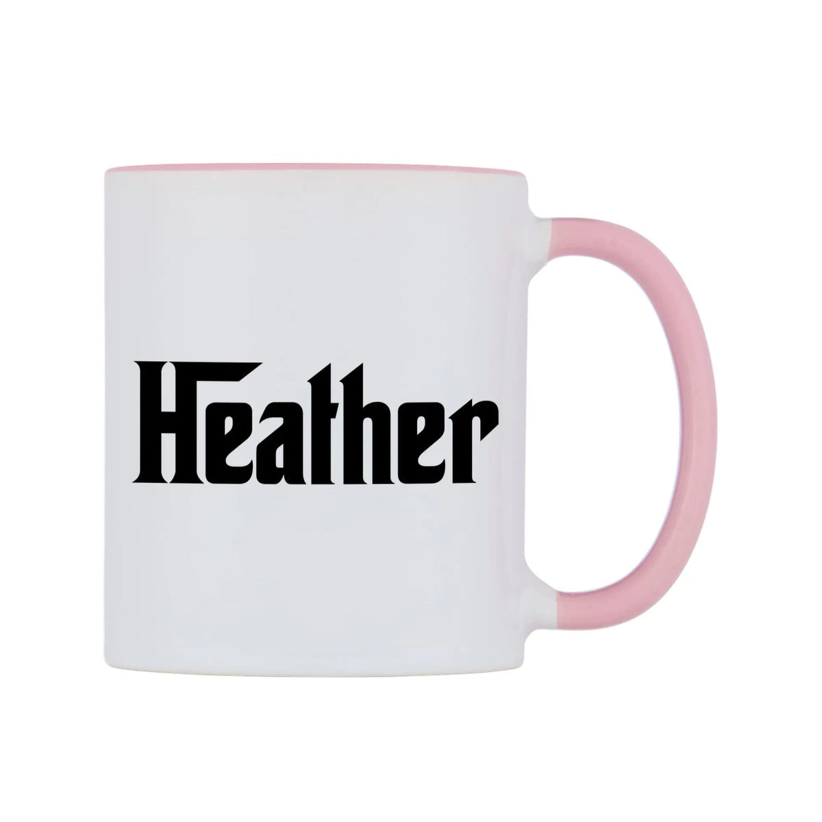 Heather - Godfather Themed Mug — white 11oz gloss mug with a pink inside and handle, left side, on a white background