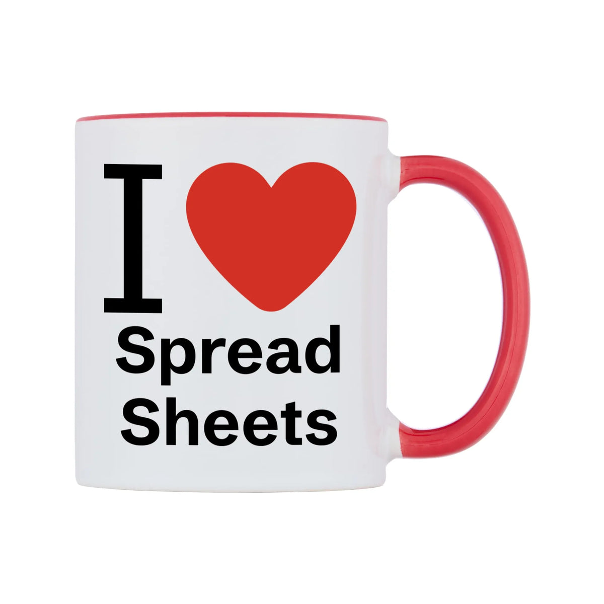 I Love Spread Sheets Mug — white 11oz gloss mug with a red inside and handle, left side, on a white background