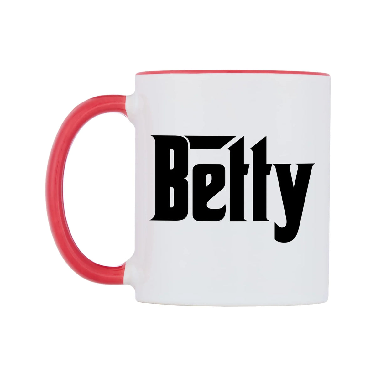 Betty - Godfather Themed Mug — white 11oz gloss mug with a red inside and handle, right side, on a white background