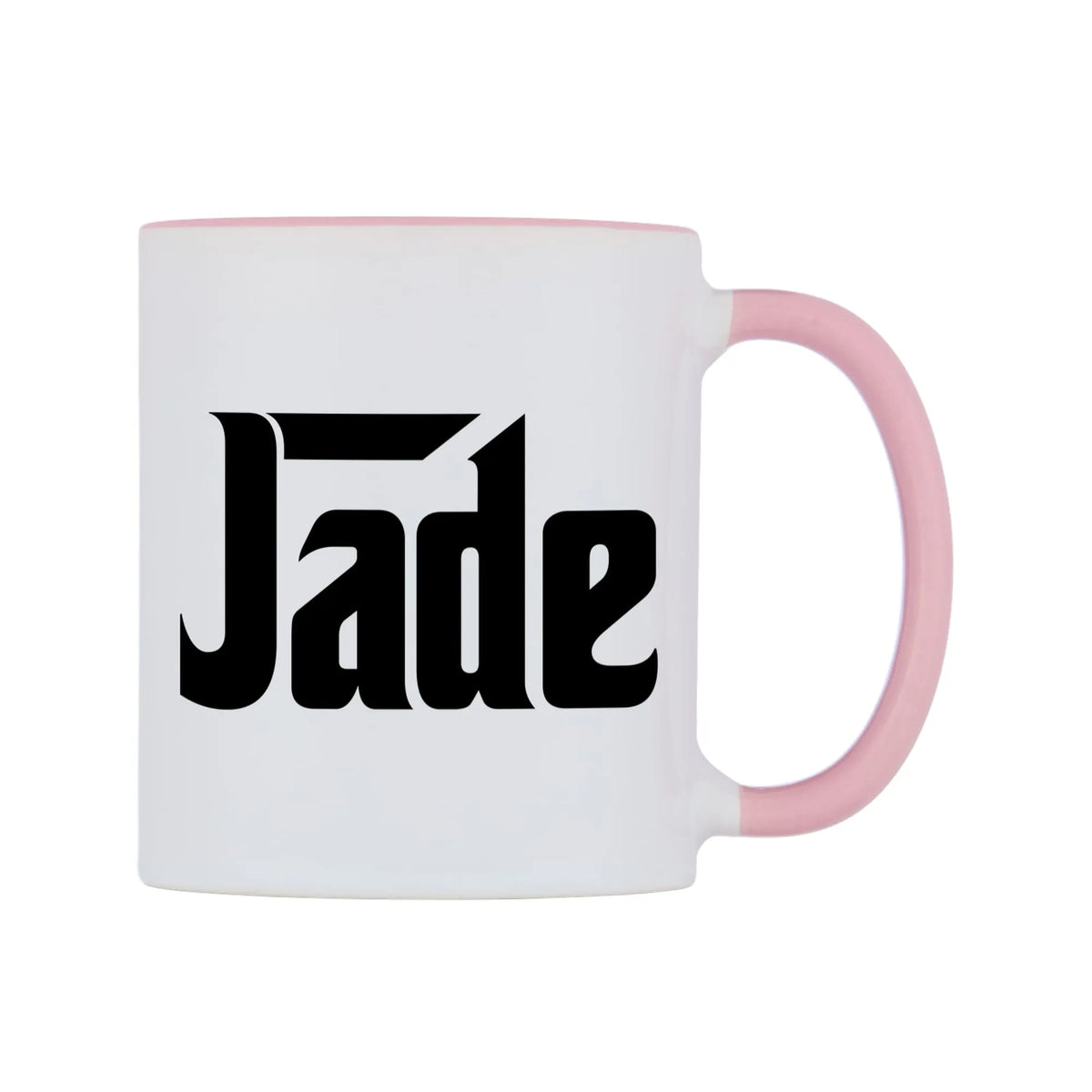 Jade - Godfather Themed Mug — white 11oz gloss mug with a pink inside and handle, left side, on a white background