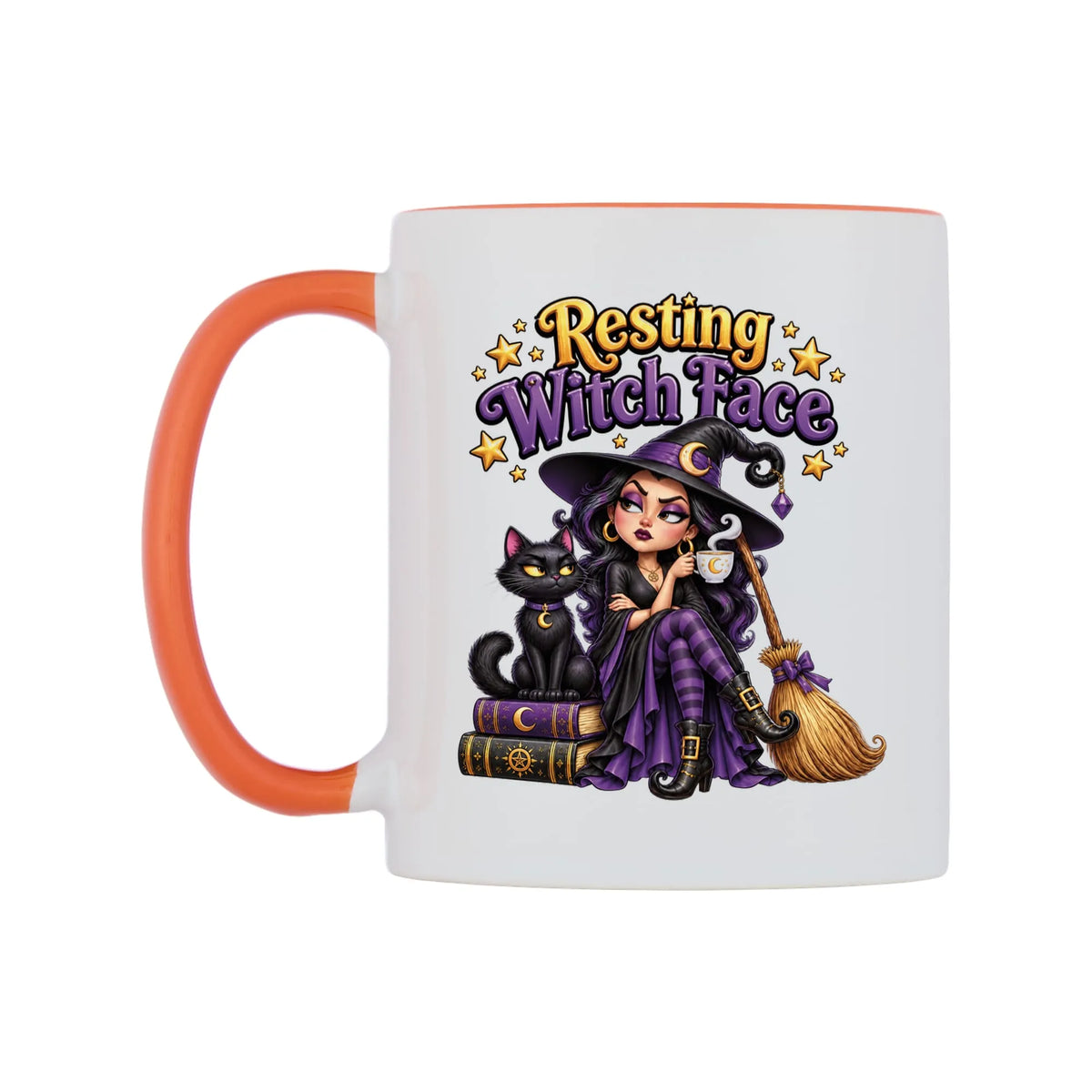 Resting Witch Face Mug — white 11oz gloss mug with a orange inside and handle, right side, on a white background