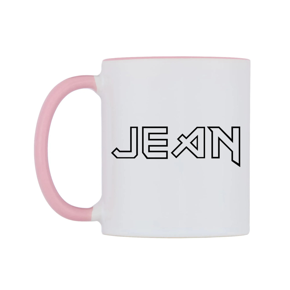Jean - Iron Maiden Themed Mug — white 11oz gloss mug with a pink inside and handle, right side, on a white background