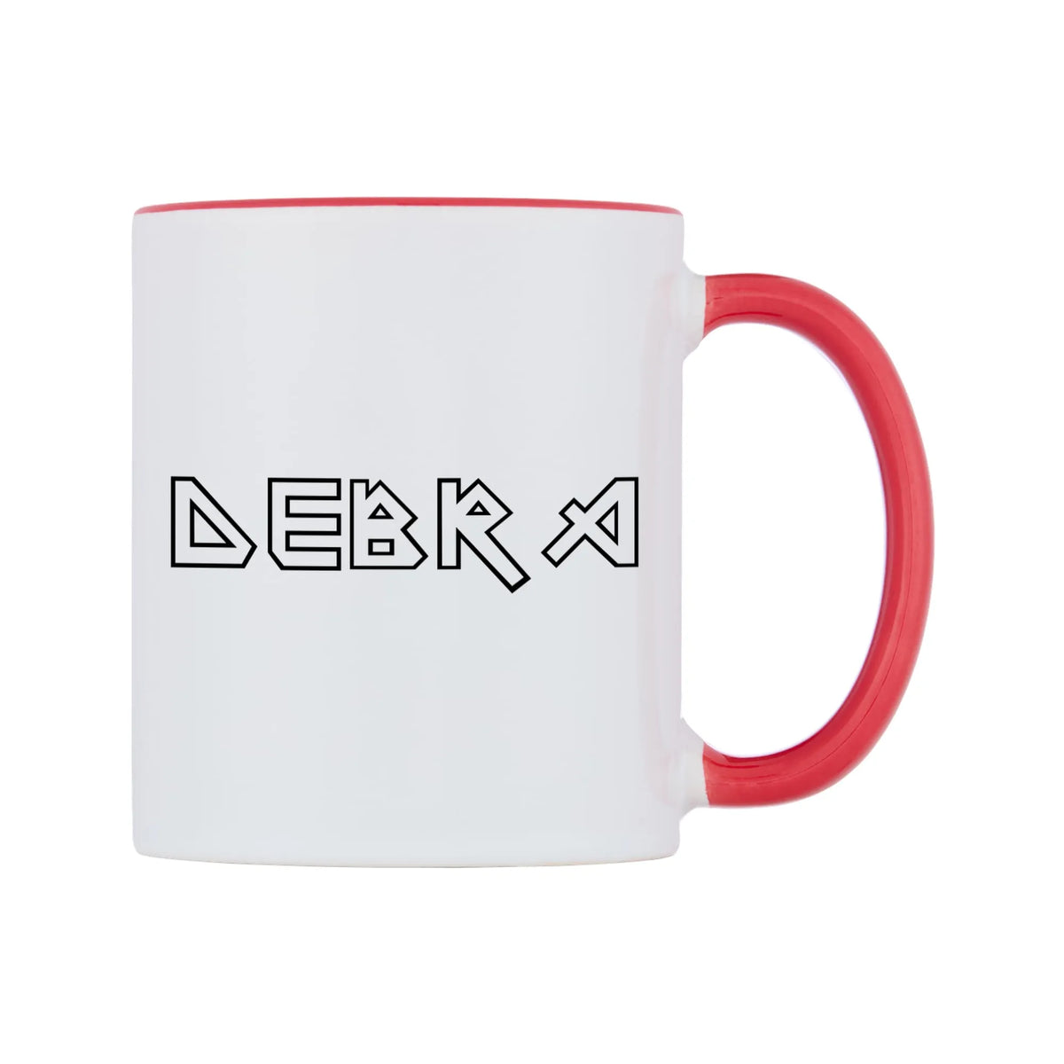 Debra - Iron Maiden Themed Mug — white 11oz gloss mug with a red inside and handle, left side, on a white background