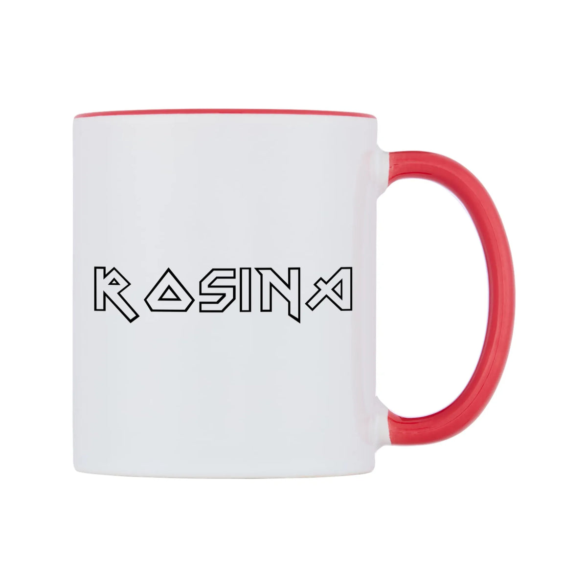 Rosina - Iron Maiden Themed Mug — white 11oz gloss mug with a red inside and handle, left side, on a white background
