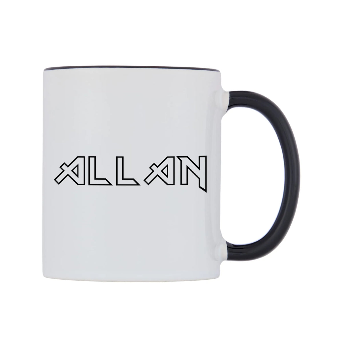 Allan - Iron Maiden Themed Mug — white 11oz gloss mug with a black inside and handle, left side, on a white background
