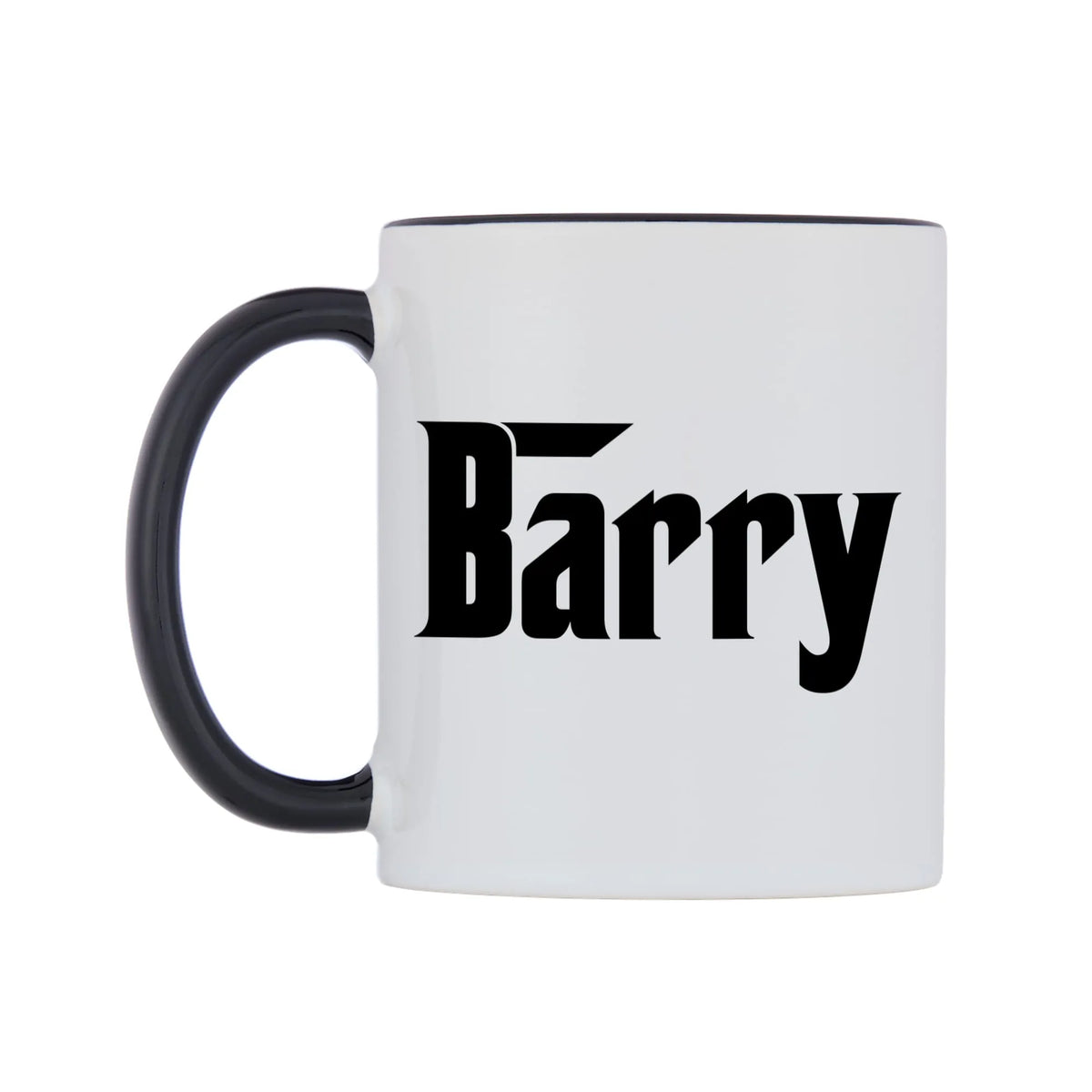 Barry - Godfather Themed Mug — white 11oz gloss mug with a black inside and handle, right side, on a white background