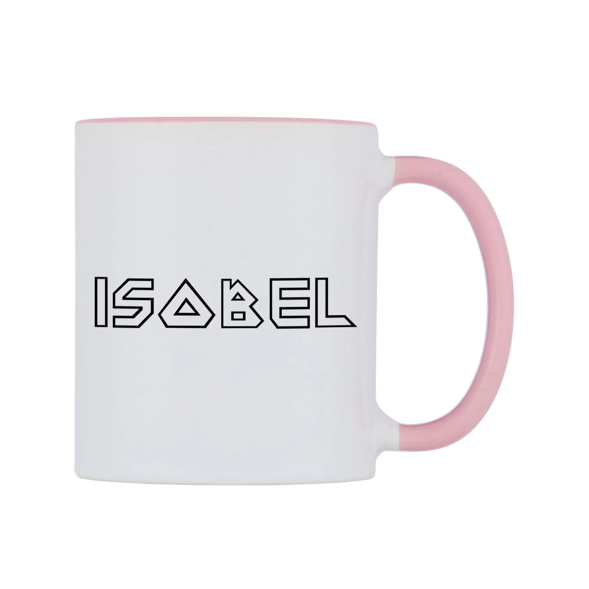 Isobel - Iron Maiden Themed Mug — white 11oz gloss mug with a pink inside and handle, left side, on a white background