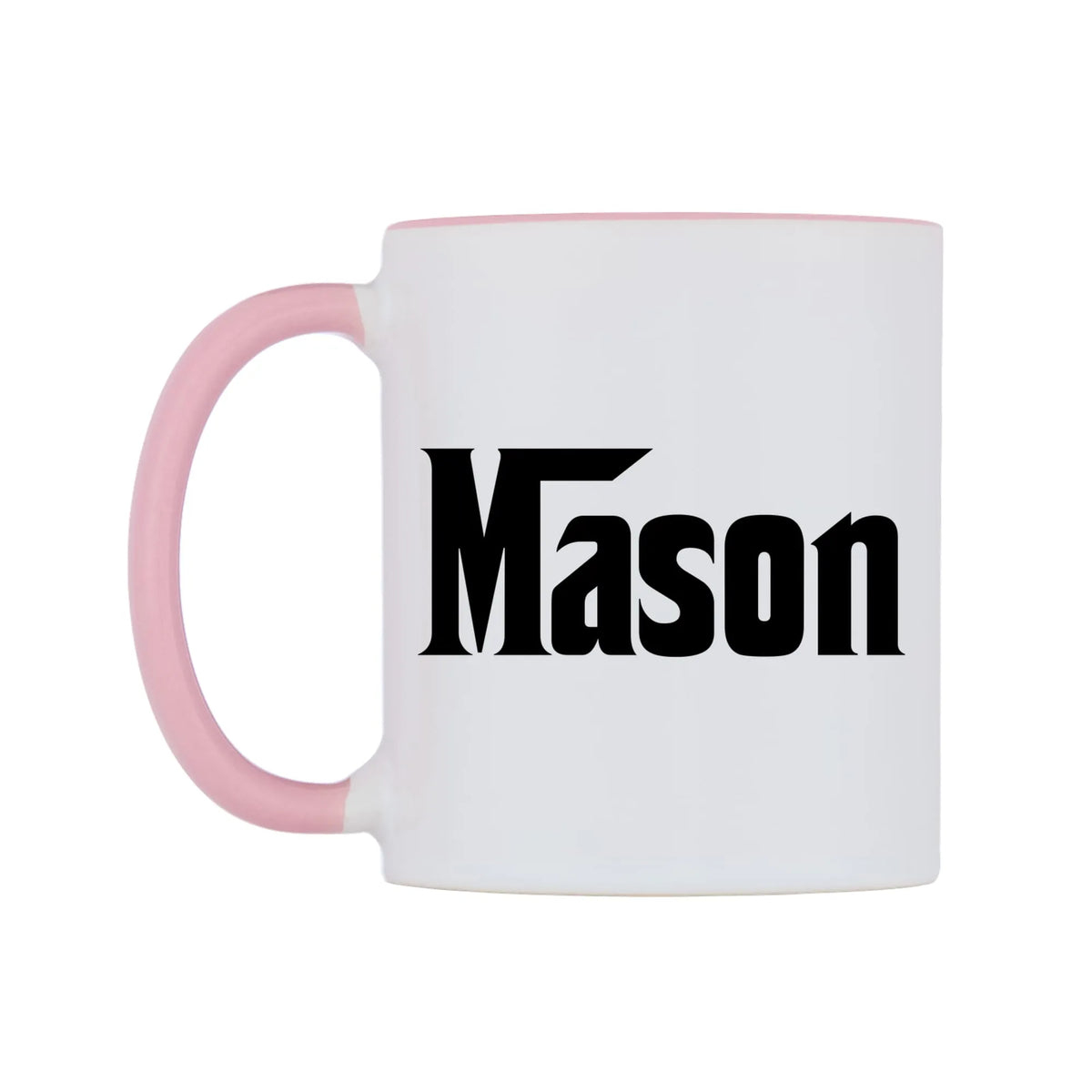 Mason - Godfather Themed Mug — white 11oz gloss mug with a pink inside and handle, right side, on a white background