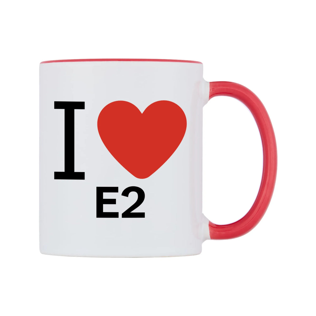 I Love E2 Mug — white 11oz gloss mug with a red inside and handle, left side, on a white background
