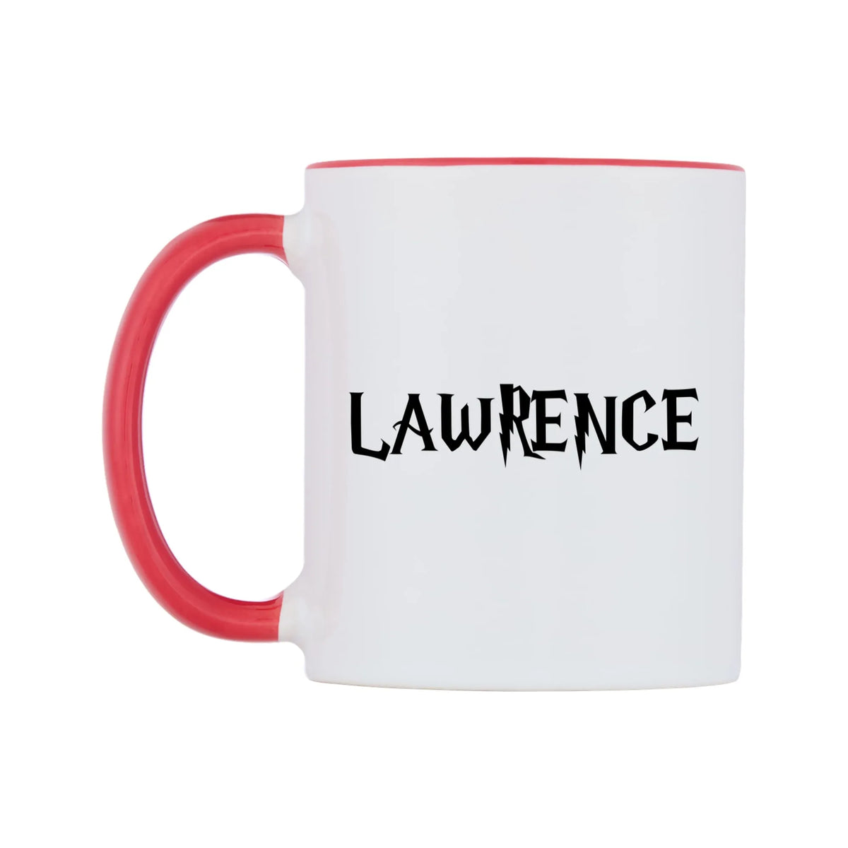 Lawrence - Wizard Themed Mug — white 11oz gloss mug with a red inside and handle, right side, on a white background