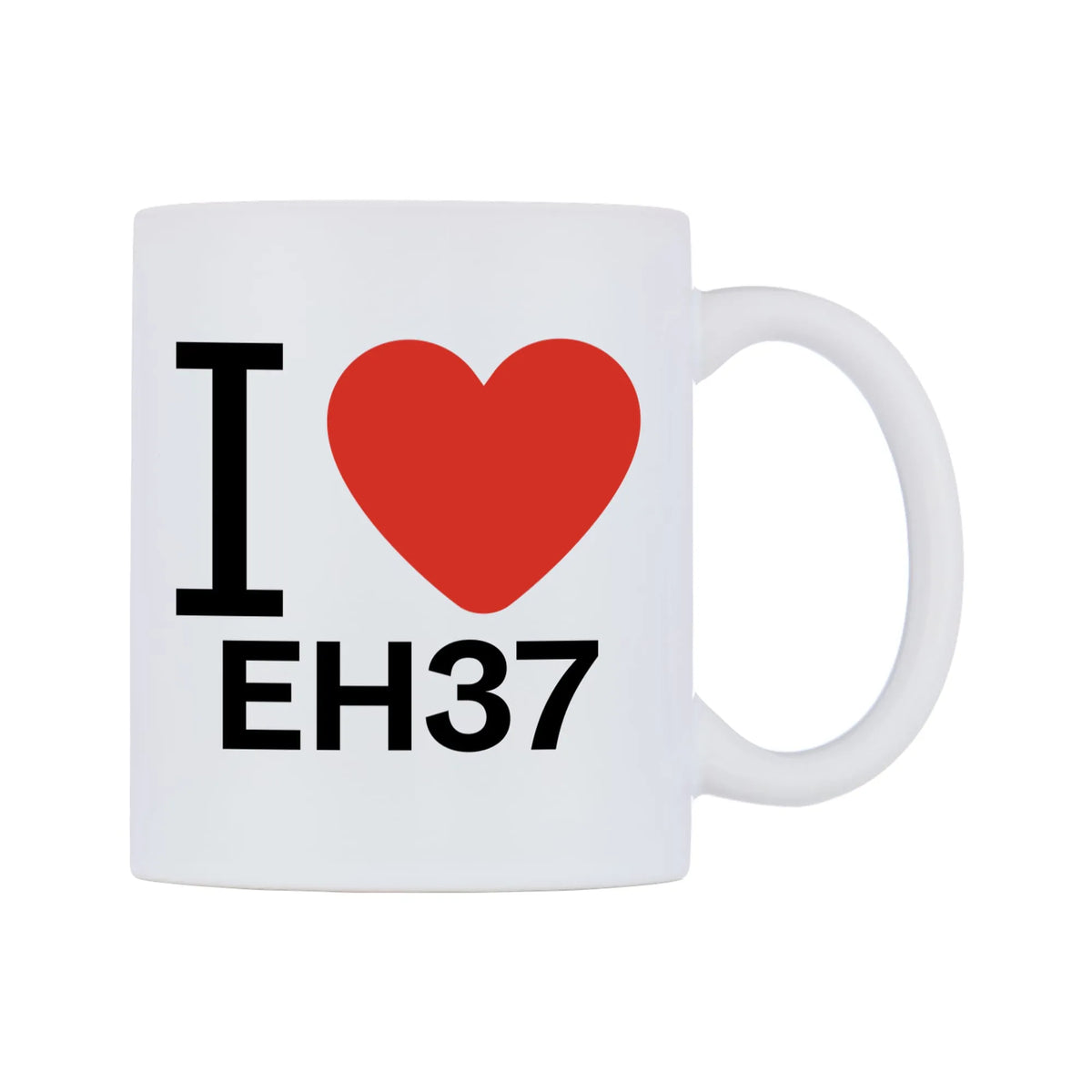 I Love EH37 Mug — white 11oz gloss mug, left side, on a white background