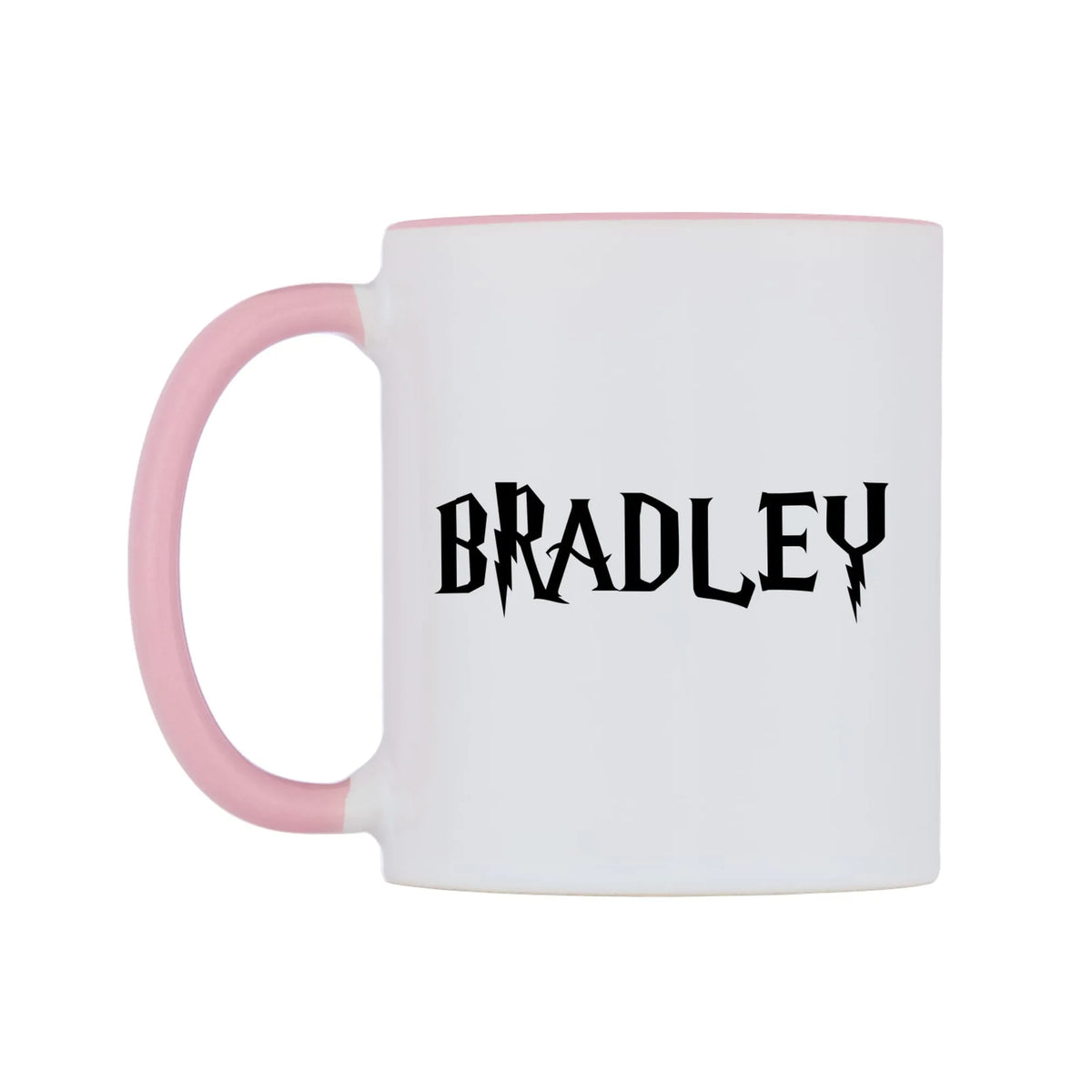 Bradley - Wizard Themed Mug — white 11oz gloss mug with a pink inside and handle, right side, on a white background