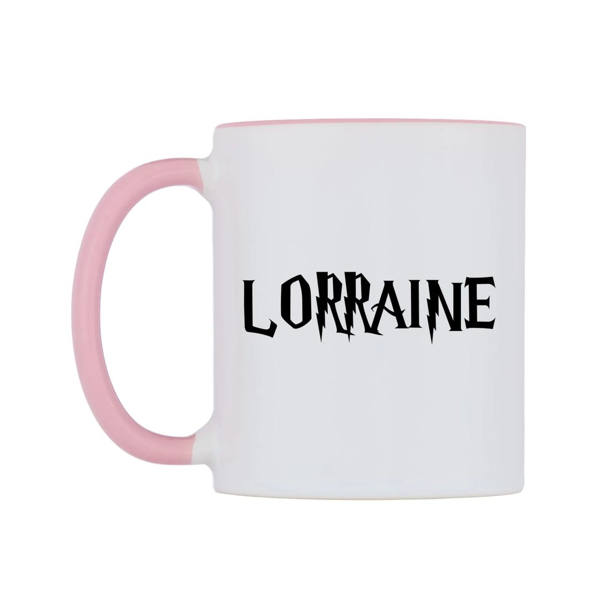 Lorraine - Wizard Themed Mug — white 11oz gloss mug with a pink inside and handle, right side, on a white background