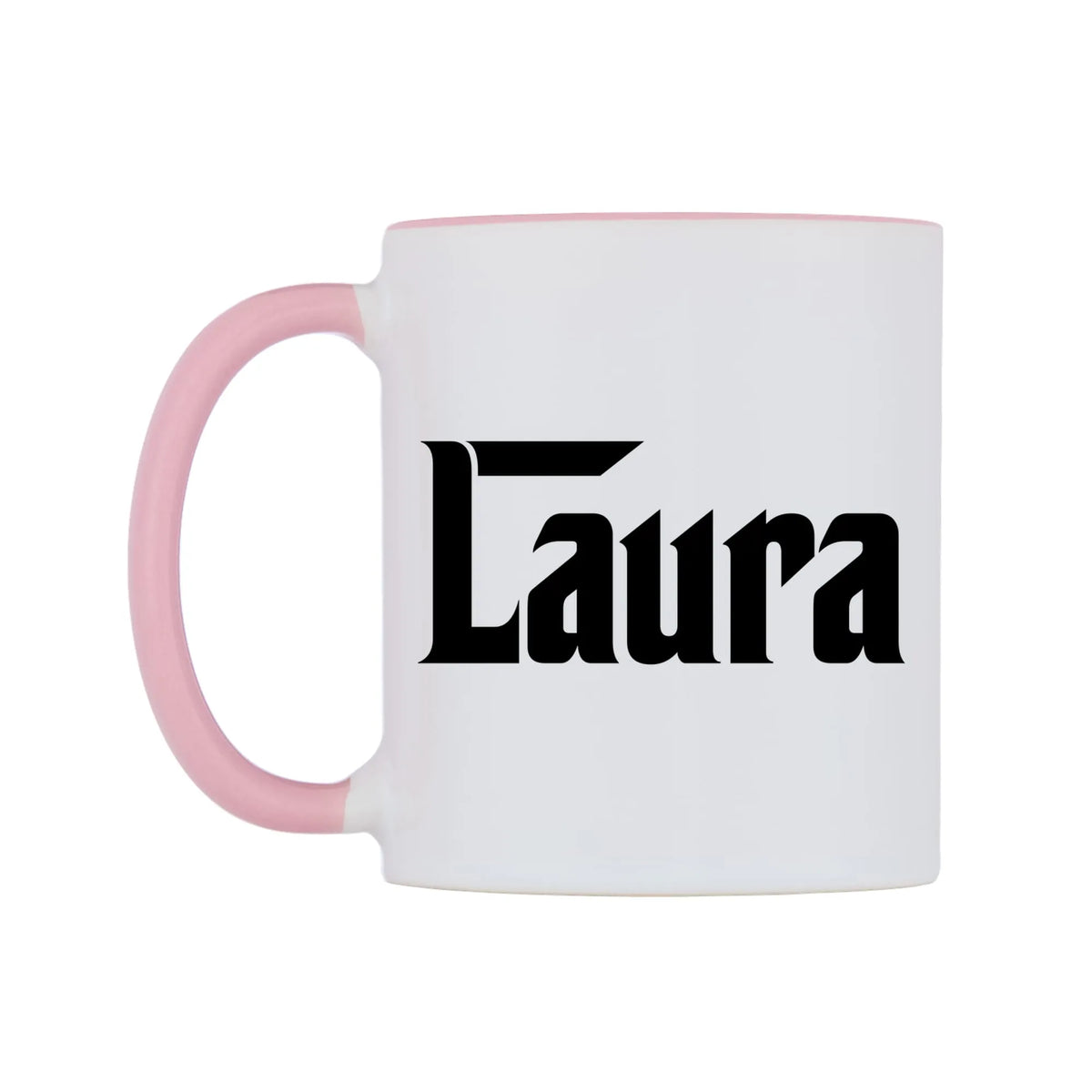 Laura - Godfather Themed Mug — white 11oz gloss mug with a pink inside and handle, right side, on a white background