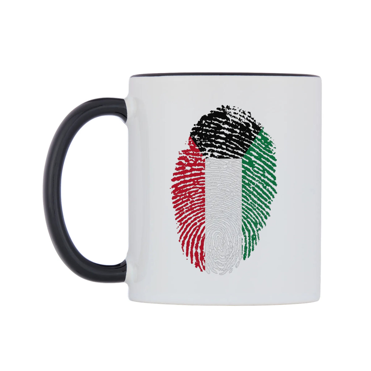 Kuwait Finger Print Flag Mug — white 11oz gloss mug with a black inside and handle, right side, on a white background