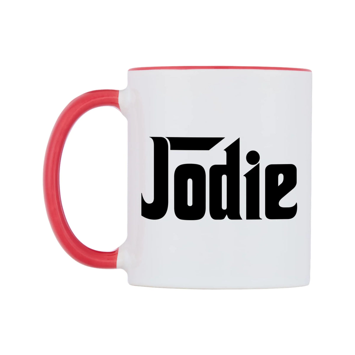 Jodie - Godfather Themed Mug — white 11oz gloss mug with a red inside and handle, right side, on a white background