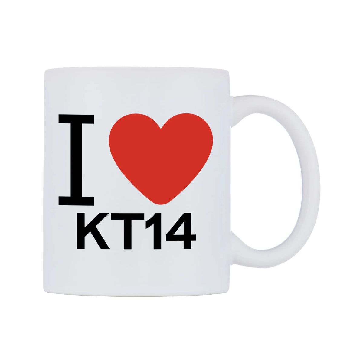 I Love KT14 Mug — white 11oz gloss mug, left side, on a white background