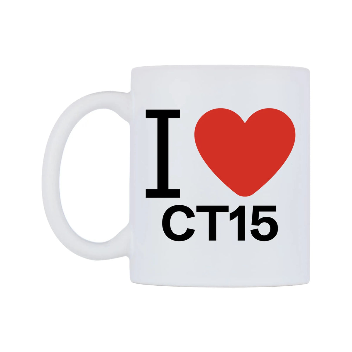 I Love CT15 Mug — white 11oz gloss mug, right side, on a white background
