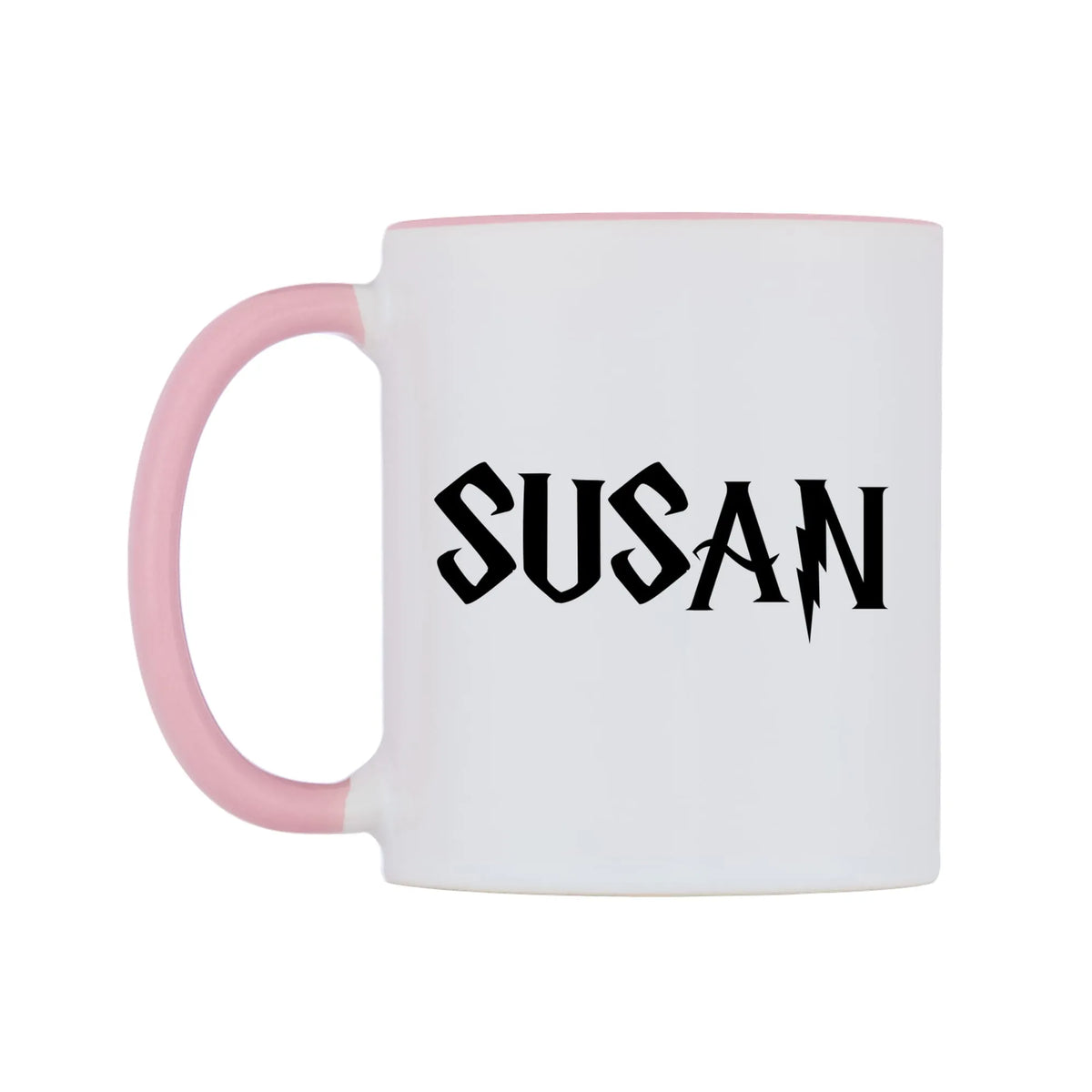 Susan - Wizard Themed Mug — white 11oz gloss mug with a pink inside and handle, right side, on a white background