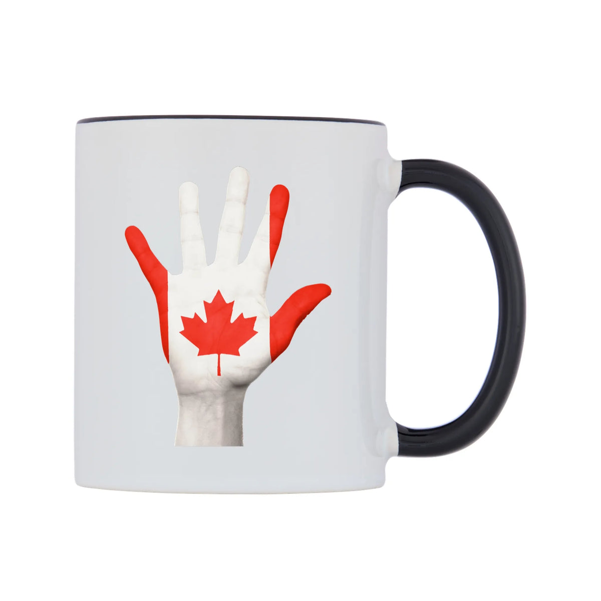 Canada Hand Flag Mug — white 11oz gloss mug with a black inside and handle, left side, on a white background