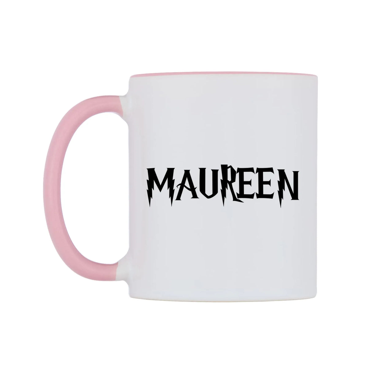 Maureen - Wizard Themed Mug — white 11oz gloss mug with a pink inside and handle, right side, on a white background