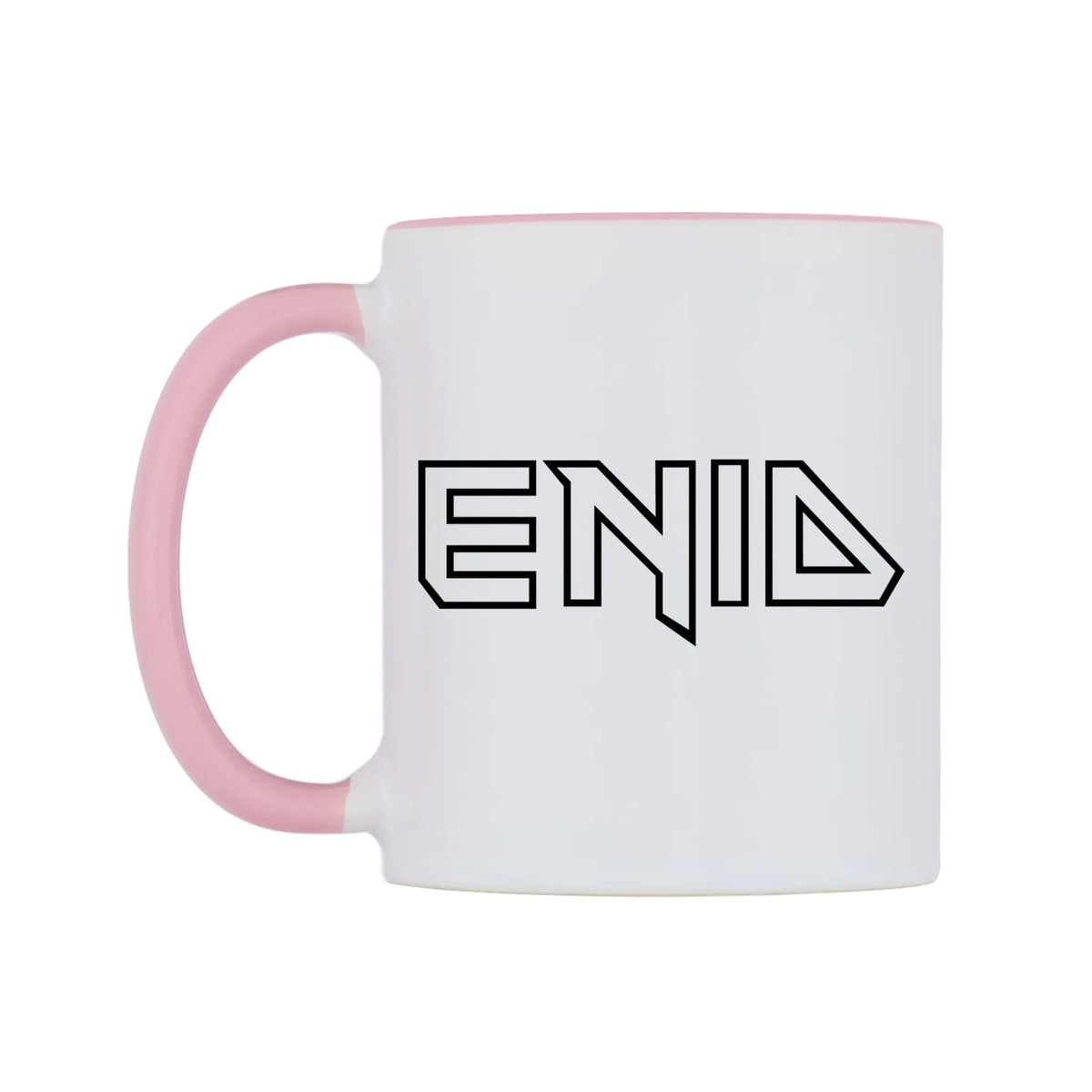 Enid - Iron Maiden Themed Mug — white 11oz gloss mug with a pink inside and handle, right side, on a white background
