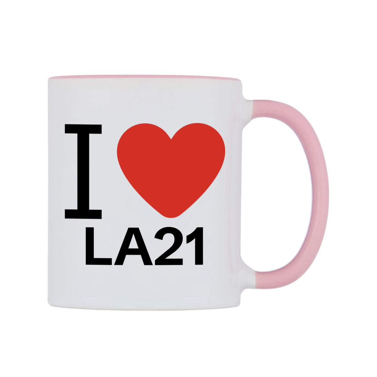 I Love LA21 Mug — white 11oz gloss mug with a pink inside and handle, left side, on a white background