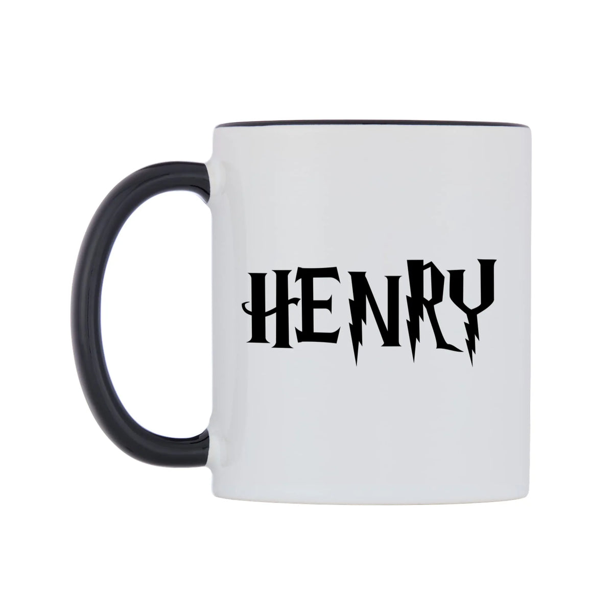 Henry - Wizard Themed Mug — white 11oz gloss mug with a black inside and handle, right side, on a white background