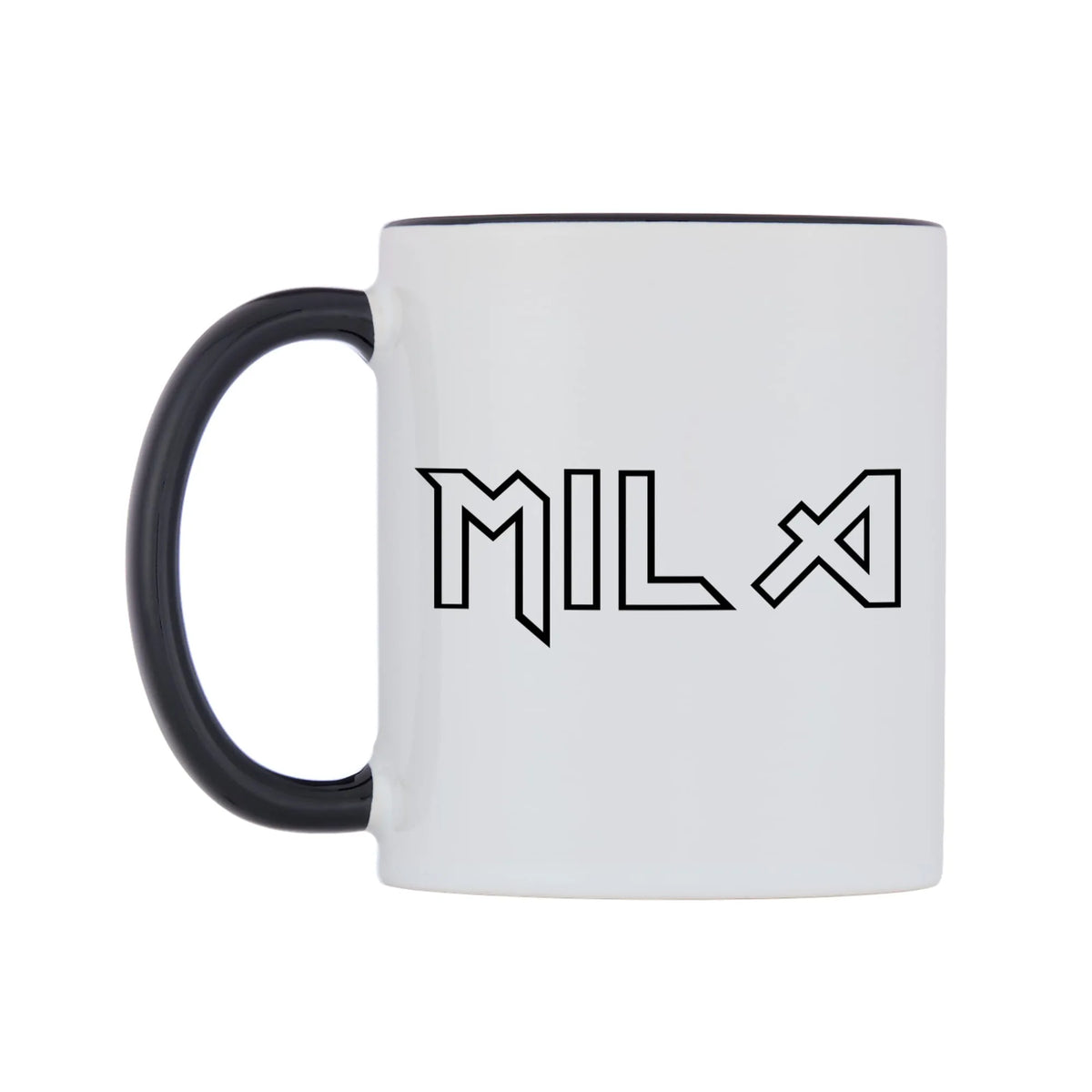 Mila - Iron Maiden Themed Mug — white 11oz gloss mug with a black inside and handle, right side, on a white background