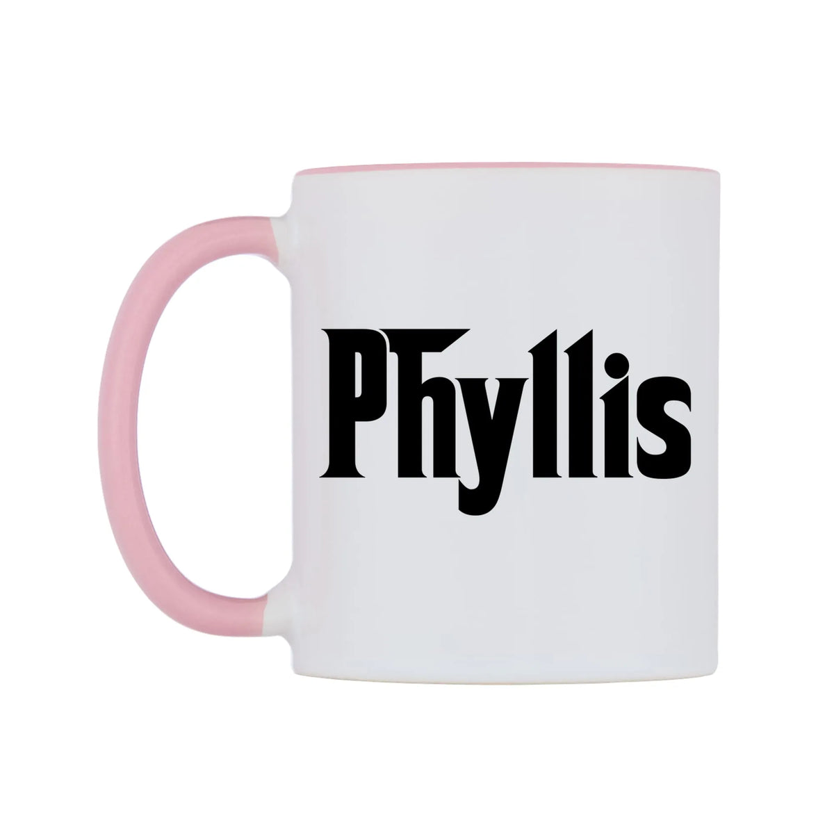 Phyllis - Godfather Themed Mug — white 11oz gloss mug with a pink inside and handle, right side, on a white background