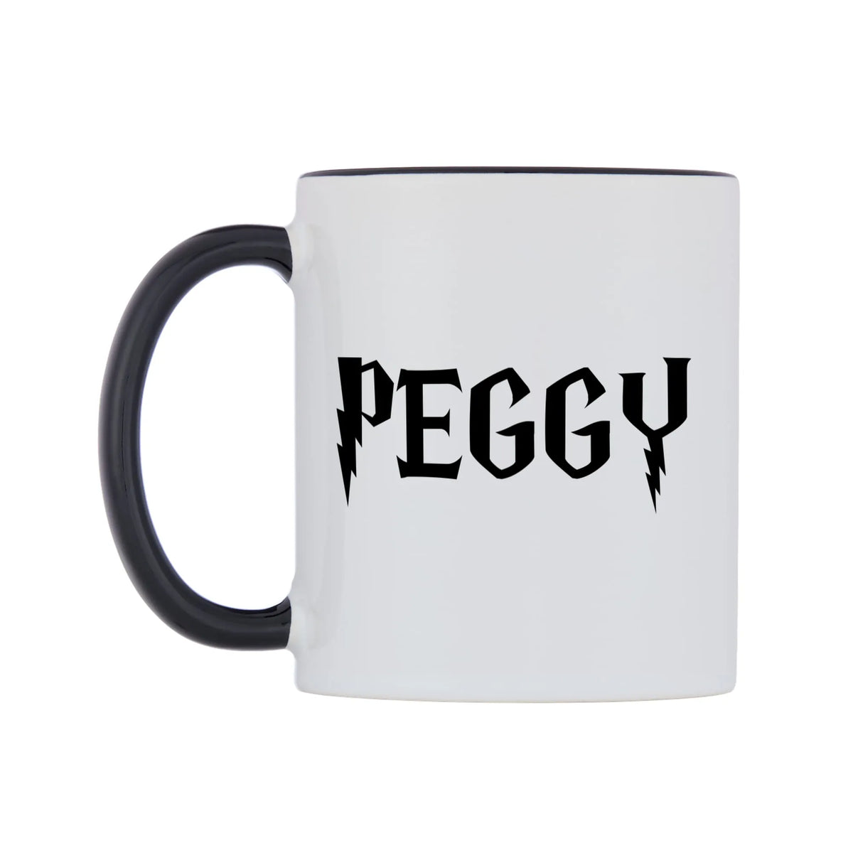 Peggy - Wizard Themed Mug — white 11oz gloss mug with a black inside and handle, right side, on a white background